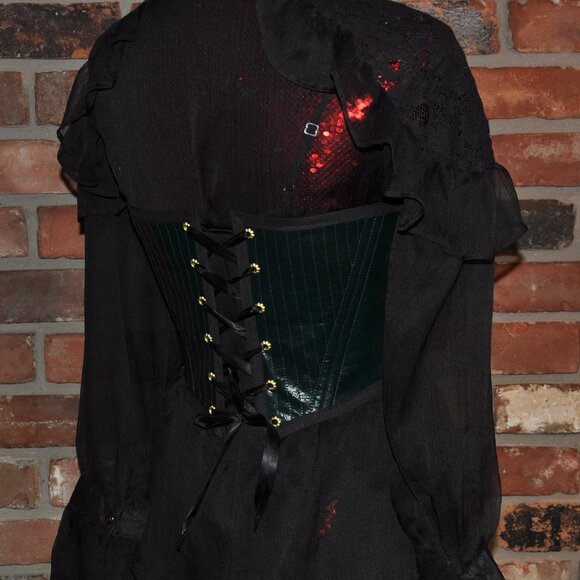 Back & Front Lace-up Corset Belt Dark Shiny Green Faux Leather W/ Boning XS - Picture 5 of 9